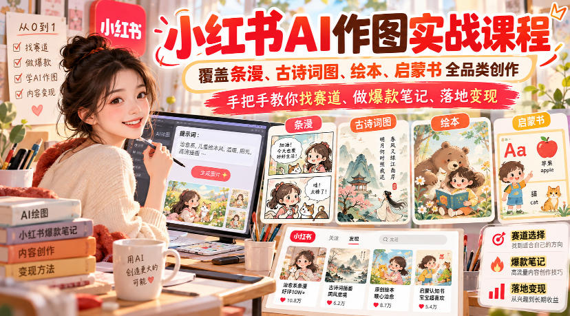 小红书AI作图实战课程，覆盖条漫、古诗词图、绘本、启蒙书全品类创作，手把手教你找赛道、做爆款笔记、落地变现-副业资源站