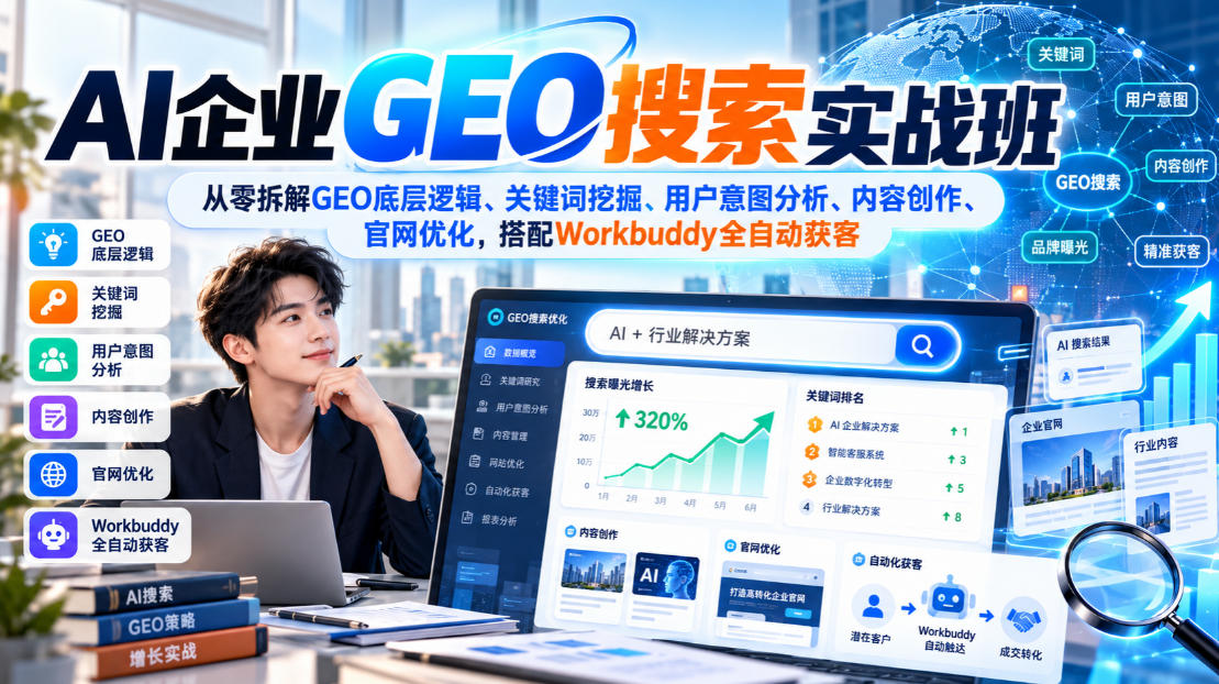 AI企业GEO搜索实战班，从零拆解GEO底层逻辑、关键词挖掘、用户意图分析、内容创作、官网优化，搭配Workbuddy全自动获客-副业资源站