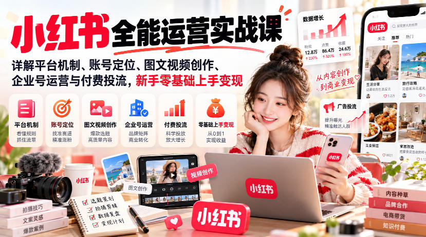 小红书全能运营实战课，详解平台机制、账号定位、图文视频创作、企业号运营与付费投流，新手零基础上手变现-副业资源站