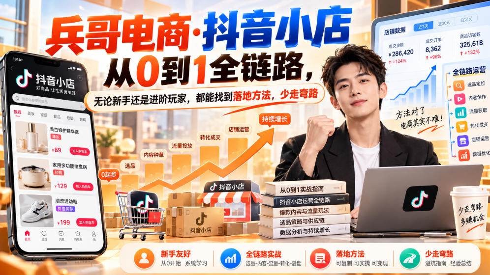 【无水印】兵哥电商·抖音小店从0到1全链路，无论新手还是进阶玩家，都能找到落地方法，少走弯路（更新9月）-副业资源站
