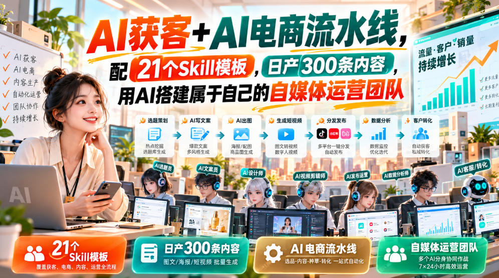 AI获客+AI电商流水线，配21个Skill模板，日产300条内容，用AI搭建属于自己的自媒体运营团队-副业资源站