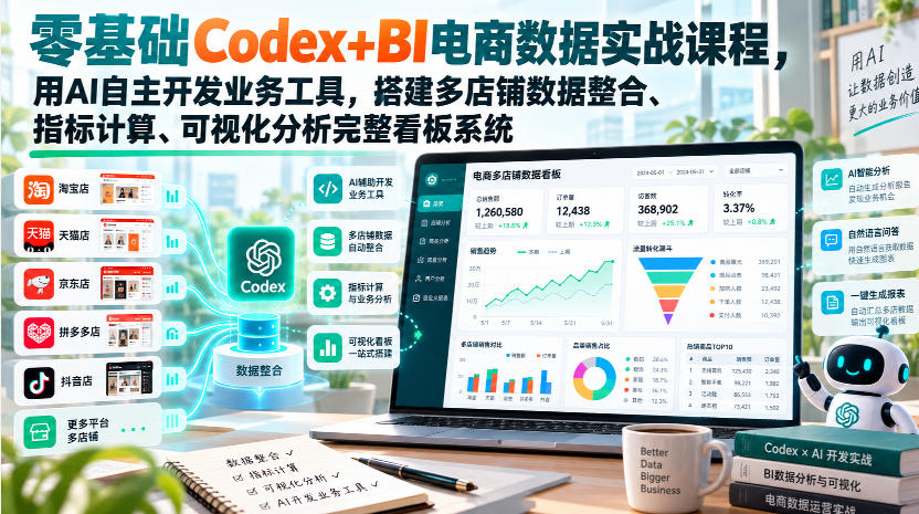 零基础Codex+BI电商数据实战课程，用AI自主开发业务工具，搭建多店铺数据整合、指标计算、可视化分析完整看板系统-副业资源站