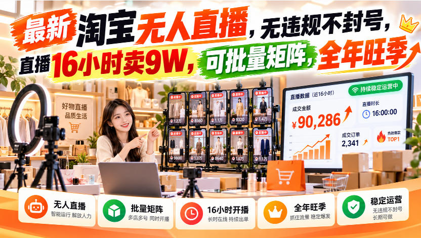 最新淘宝无人直播，无违规不封号，直播16小时卖9W，可批量矩阵，全年旺季【揭秘】-副业资源站