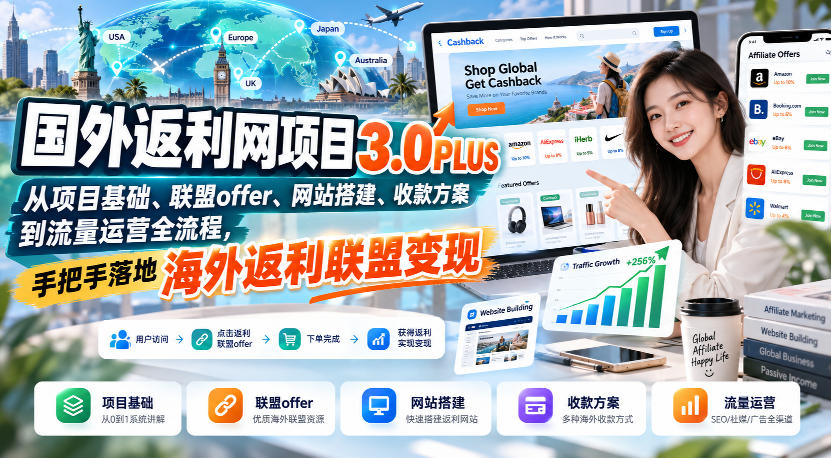 国外返利网项目3.0PLUS，从项目基础、联盟offer、网站搭建、收款方案到流量运营全流程，手把手落地海外返利联盟变现-副业资源站