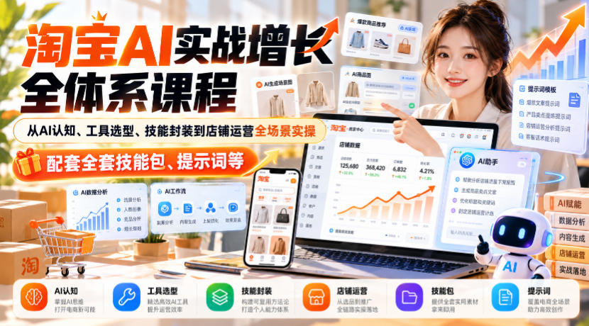 【无水印】淘宝AI实战增长全体系课程，从AI认知、工具选型、技能封装到店铺运营全场景实操，配套全套技能包、提示词等-副业资源站