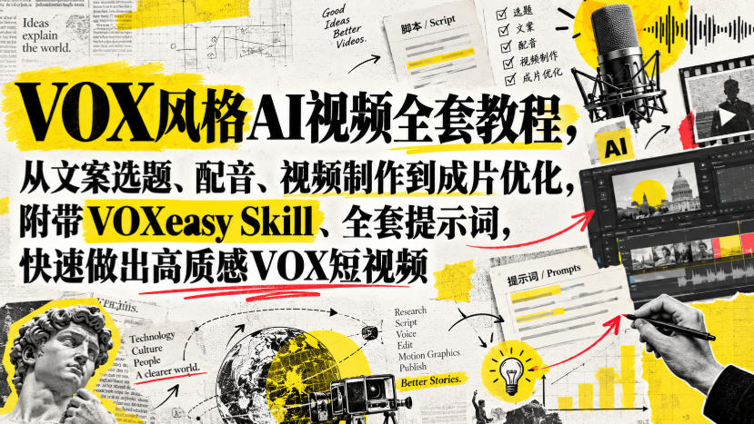 VOX风格AI视频全套教程，从文案选题、配音、视频制作到成片优化，附带VOXeasy Skill、全套提示词，快速做出高质感VOX短视频-副业资源站