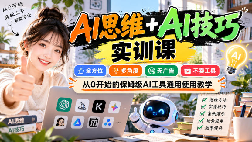 【无水印】AI思维+AI技巧实训课，全方位、多角度、无广告、不卖工具，从0开始的保姆级AI工具通用使用教学-副业资源站