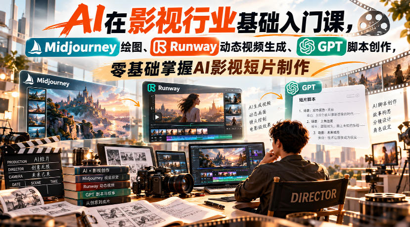 【无水印】AI在影视行业基础入门课，Midjourney绘图、Runway动态视频生成、GPT脚本创作，零基础掌握AI影视短片制作-副业资源站