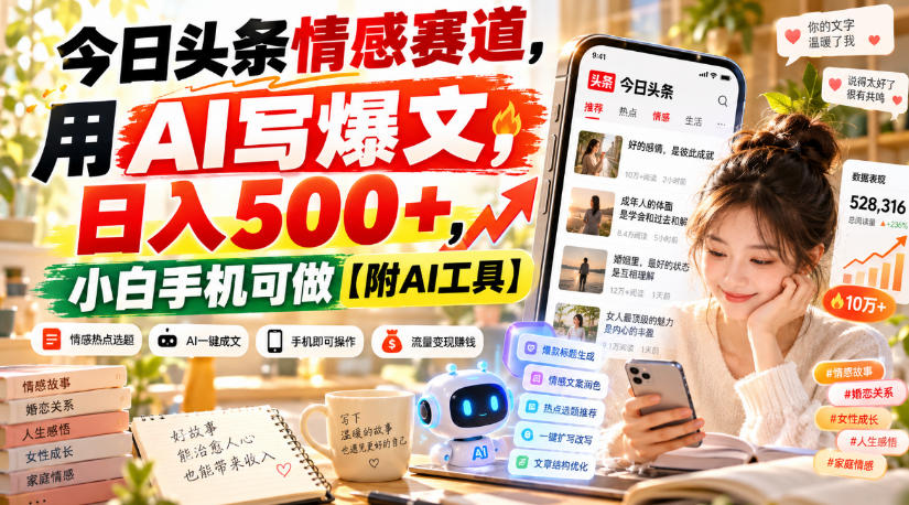 今日头条情感赛道，用AI写爆文，日入500+，小白手机可做【附AI工具】-副业资源站