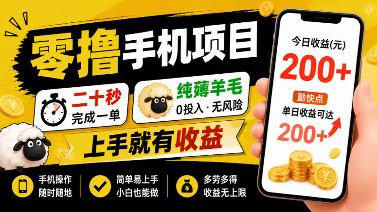零撸手机项目，二十秒完成一单，纯薅羊毛，上手就有收益，勤快点单日收益可达200+【揭秘】-副业资源站