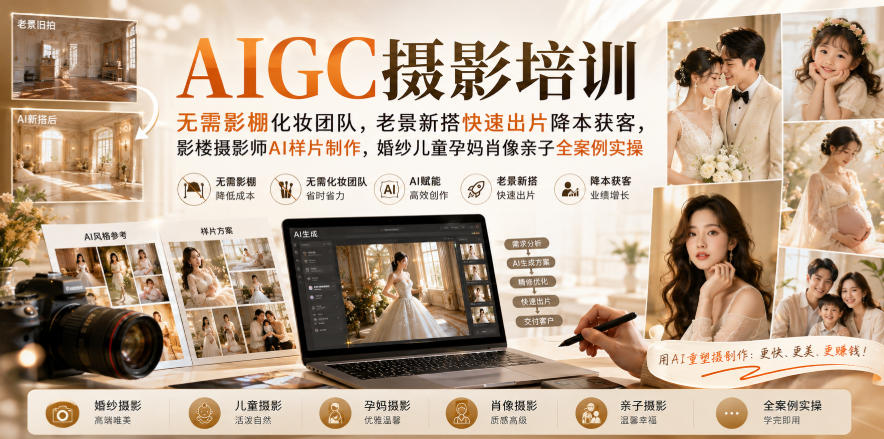 AIGC摄影培训｜无需影棚化妆团队，老景新搭快速出片降本获客，影楼摄影师AI样片制作，婚纱儿童孕妈肖像亲子全案例实操-副业资源站