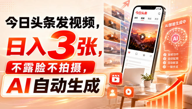 今日头条发视频，日入3张，不露脸不拍摄，AI自动生成-副业资源站