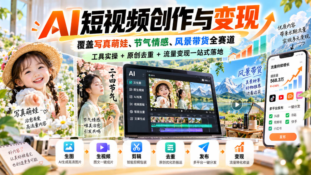 AI短视频创作与变现，覆盖写真萌娃、节气情感、风景带货全赛道，工具实操+原创去重+流量变现一站式落地-副业资源站
