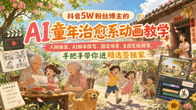 抖音5W粉丝博主的AI童年治愈系动画教学，人物换装、AI脚本撰写、固定场景、生图生视频等，手把手带你进精选签独家-副业资源站