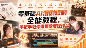 零基础AI漫剧短剧全能教程，从AI智能体搭建、文案脚本分镜、多平台AI生视频、剪映精修，覆盖全题材创作，手把手教你做爆款变现作品-副业资源站