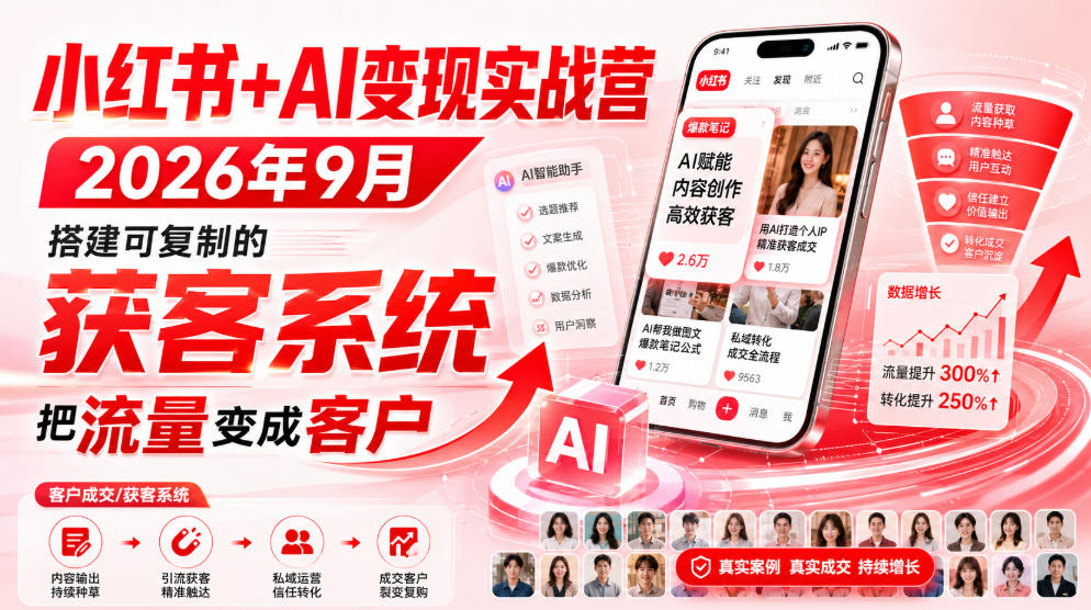 小红书+AI变现实战营2026年9月，搭建可复制的获客系统，把流量变成客户！-副业资源站