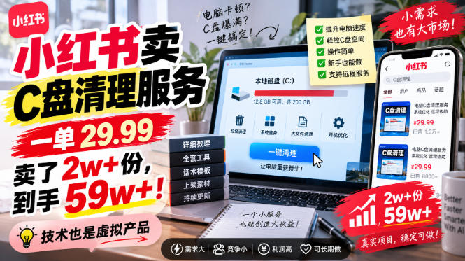 小红书卖C盘清理服务，一单29.99，卖了2w+份，技术也是虚拟产品-副业资源站