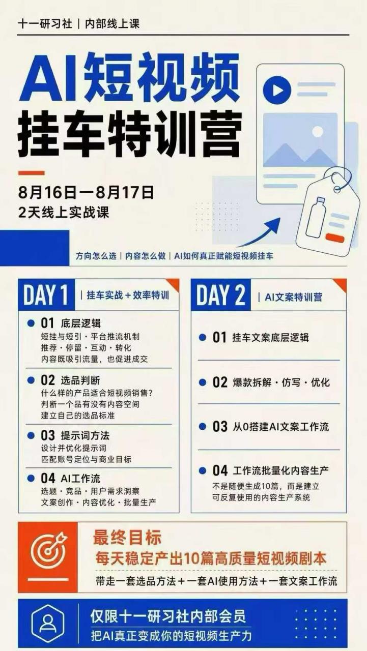 某社群8月16-17号线上课，AI短视频挂车特训营+AI文案特训，把AI真正变成你的短视频生产力-副业资源站