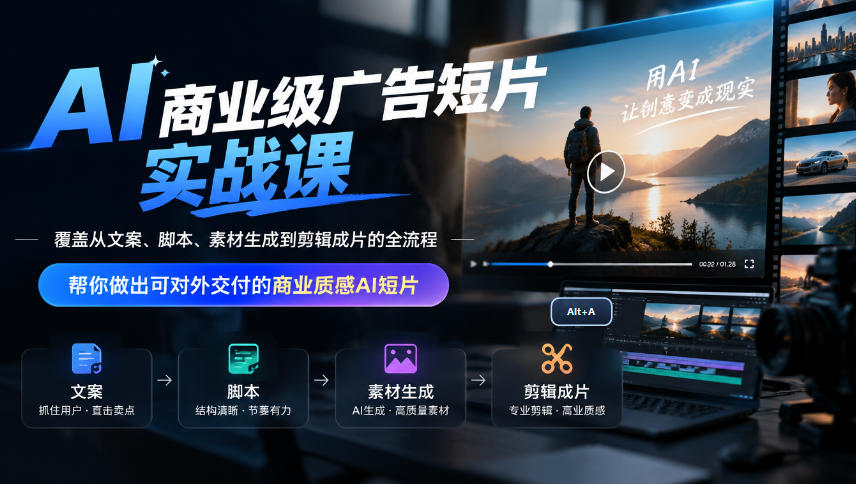 AI商业级广告短片实战课，覆盖从文案、脚本、素材生成到剪辑成片的全流程，帮你做出可对外交付的商业质感AI短片-副业资源站
