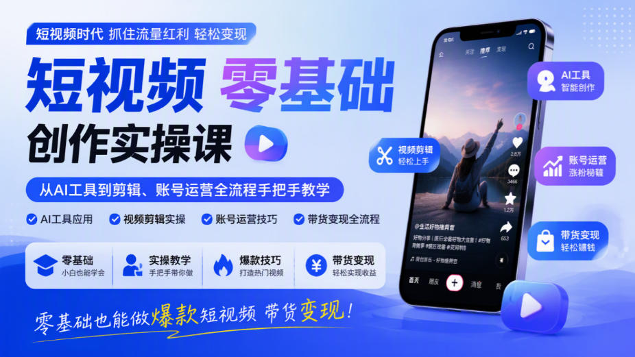 短视频零基础创作实操课，从AI工具到剪辑、账号运营全流程手把手教学，零基础也能做爆款短视频带货变现-副业资源站