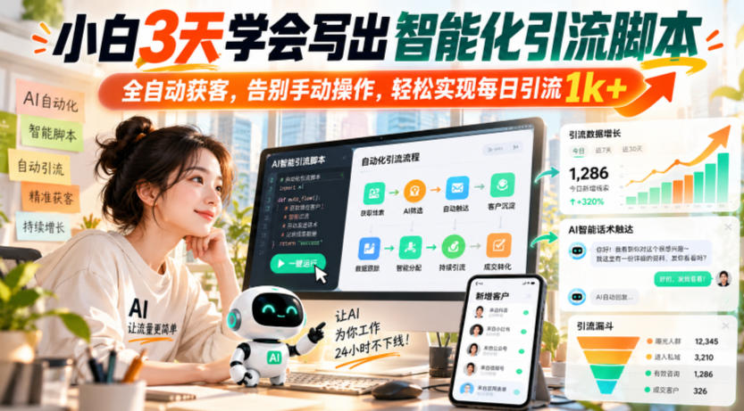 小白3天学会写出智能化引流脚本，全自动获客，告别手动操作，轻松实现每日引流1k+-副业资源站