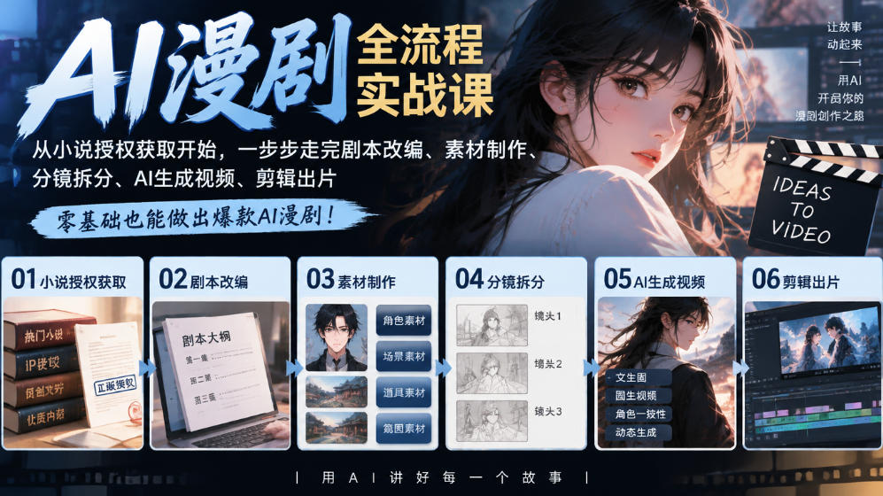AI漫剧全流程实战课｜从小说授权获取开始，一步步走完剧本改编、素材制作、分镜拆分、AI生成视频、剪辑出片全流程-副业资源站