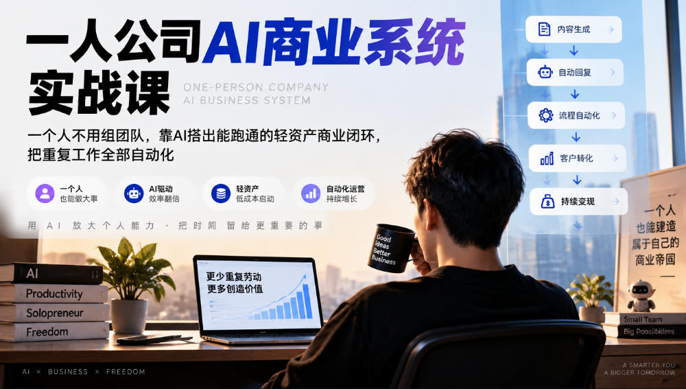 一人公司AI商业系统实战课，一个人不用组团队，靠AI搭出能跑通的轻资产商业闭环，把重复工作全部自动化-副业资源站