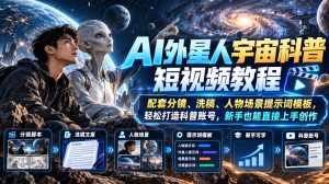 AI外星人宇宙科普短视频教程,配套分镜、洗稿、人物场景提示词模板,轻松打造科普账号,新手也能直接上手创作-副业资源站