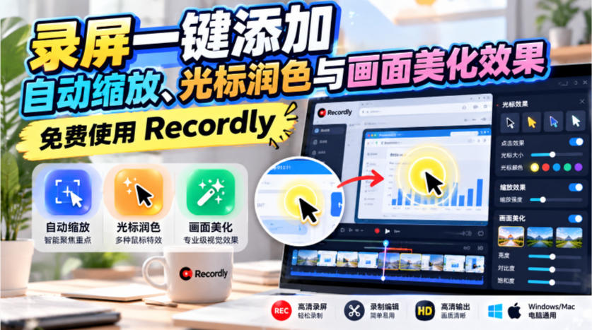 录屏一键添加自动缩放、光标润色与画面美化效果，免费使用Recordly-副业资源站