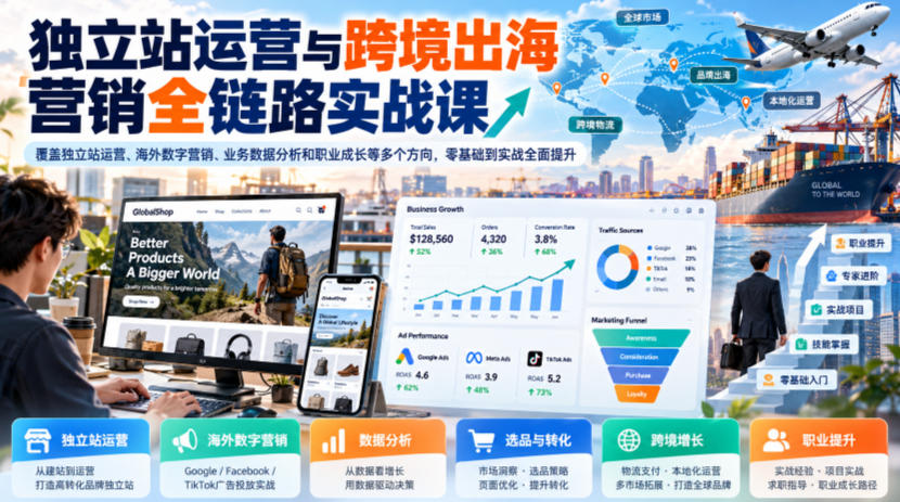 独立站运营与跨境出海营销全链路实战课，覆盖独立站运营、海外数字营销、业务数据分析和职业成长等多个方向，零基础到实战全面提升-副业资源站
