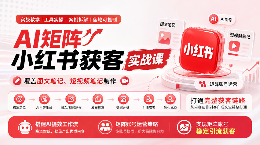 AI矩阵小红书获客实战课，覆盖图文笔记、短视频笔记制作，打通完整获客链路，搭建AI提效工作流，实现矩阵账号稳定引流获客-副业资源站
