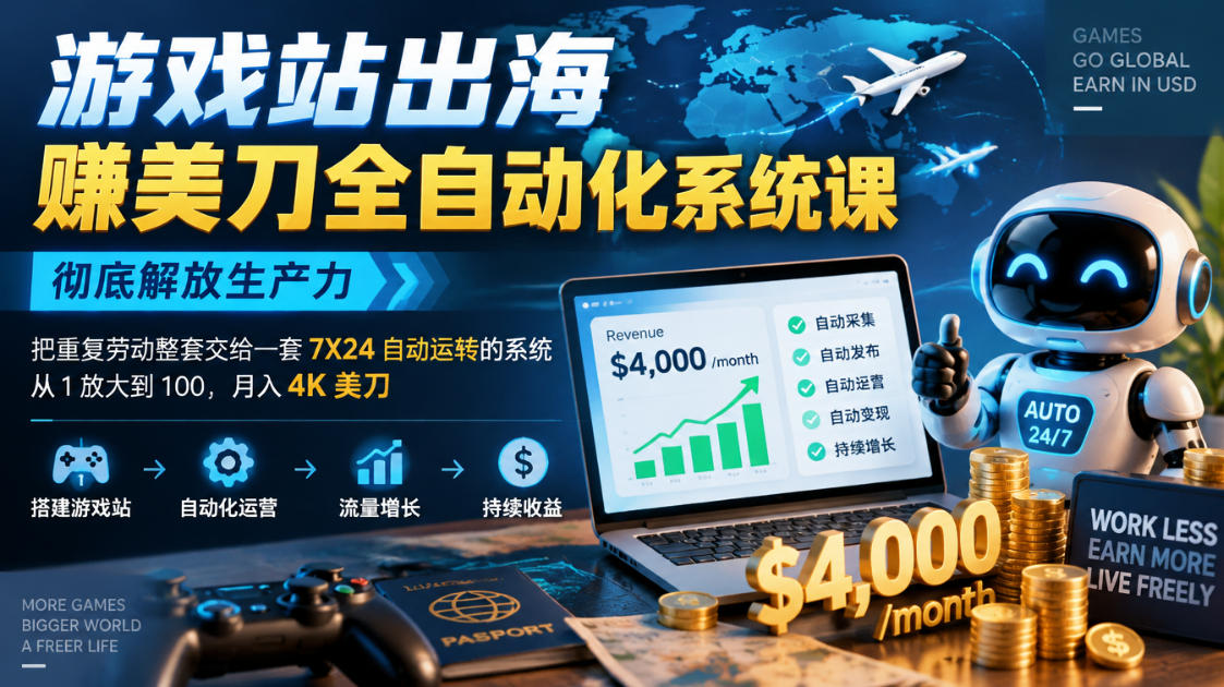 游戏站出海賺美刀全自动化系统课，彻底解放生产力–把重复劳动整套交给一套7X24自动运转的系统，从1放大到100，月入4K美刀-副业资源站