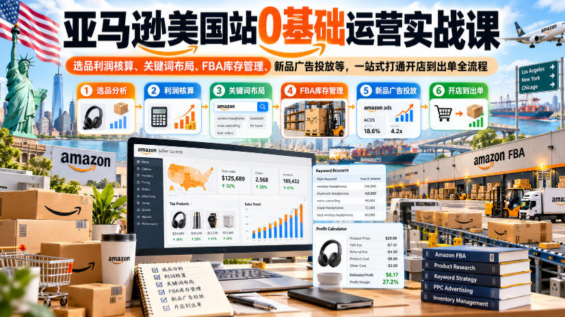 亚马逊美国站0基础运营实战课｜选品利润核算、关键词布局、FBA库存管理、新品广告投放等，一站式打通开店到出单全流程-副业资源站