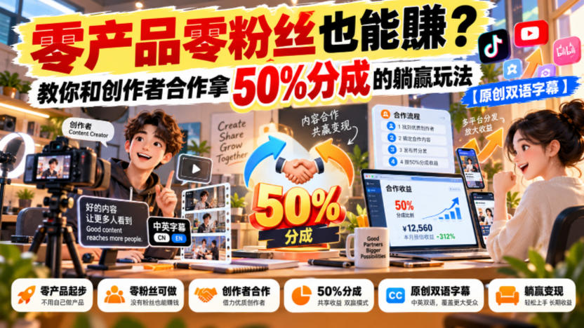 【无水印】零产品零粉丝也能賺？教你和创作者合作拿50%分成的躺赢玩法【原创双语字幕】-副业资源站