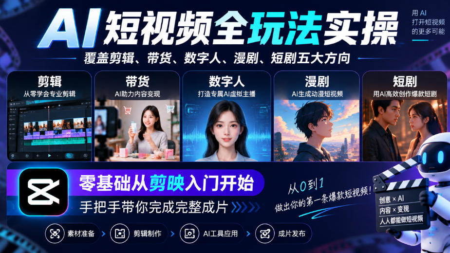 AI短视频全玩法实操，覆盖剪辑、带货、数字人、漫剧、短剧五大方向，零基础从剪映入门开始，手把手带你完成完整成片-副业资源站