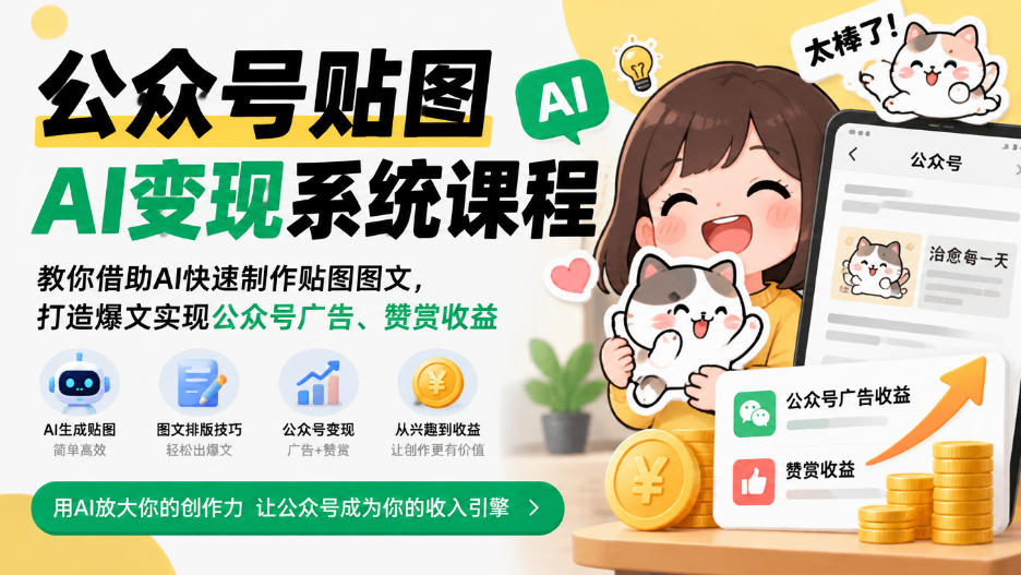 公众号贴图AI变现系统课程｜教你借助AI快速制作贴图图文，打造爆文实现公众号广告、赞赏收益-副业资源站
