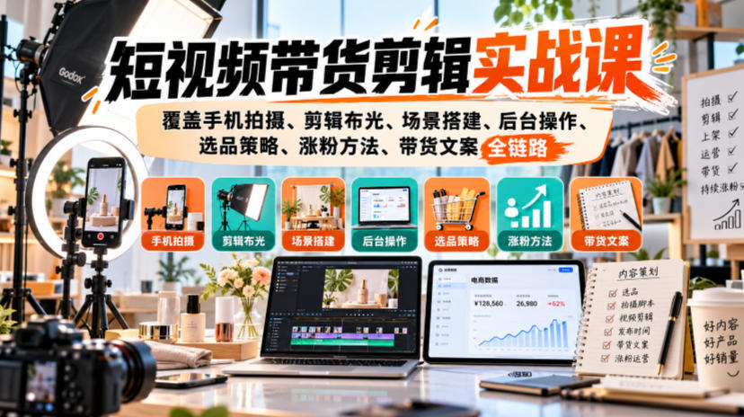 短视频带货剪辑实战课，覆盖手机拍摄、剪辑布光、场景搭建、后台操作、选品策略、涨粉方法、带货文案全链路-副业资源站