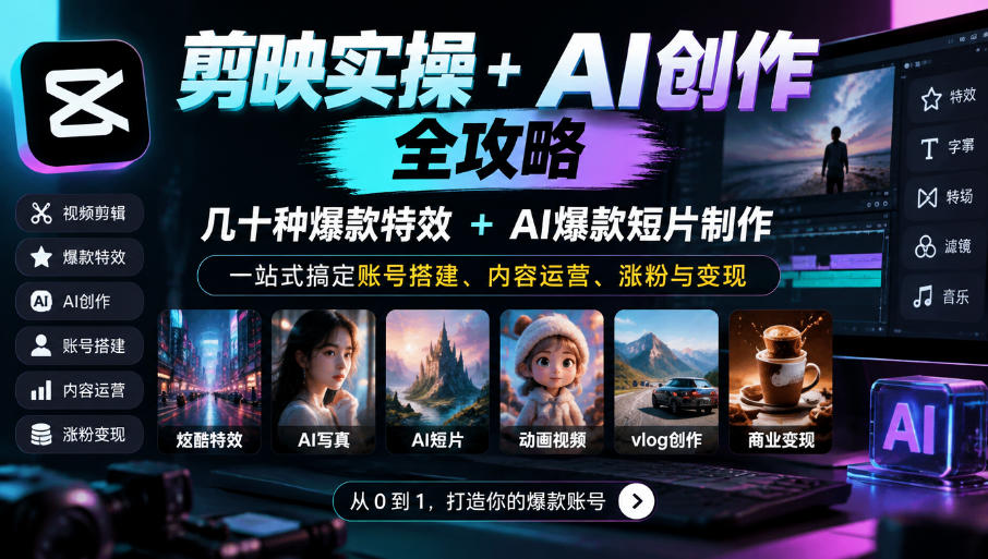 剪映实操+AI创作全攻略｜几十种爆款特效+AI爆款短片制作，一站式搞定账号搭建、内容运营、涨粉与变现-副业资源站