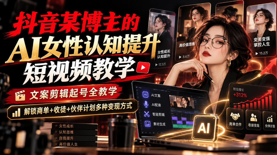 抖音某博主的Ai女性认知提升短视频教学，文案剪辑起号全教学，解锁商单+收徒+伙伴计划多种变现方式-副业资源站