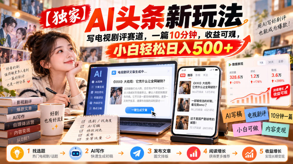 【独家】AI头条新玩法，写电视剧评赛道，一篇10分钟，收益可观，小白轻松日入500+-副业资源站