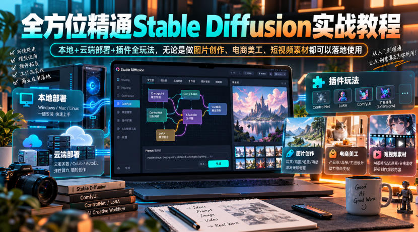 全方位精通Stable Diffusion实战教程｜本地+云端部署+插件全玩法，无论是做图片创作、电商美工、短视频素材都可以落地使用-副业资源站