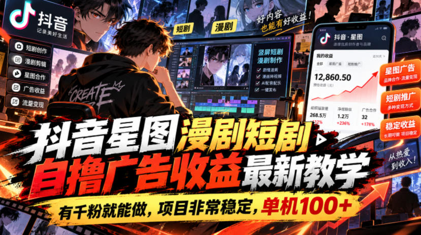抖音星图漫剧短剧自撸广告收益最新教学，有千粉就能做，项目非常稳定，单机100+-副业资源站