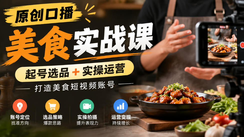 原创口播美食实战课，起号选品+实操运营，打造美食短视频账号-副业资源站