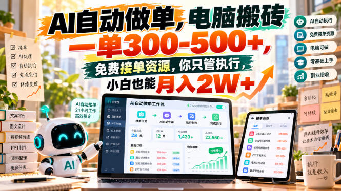 AI自动做单，电脑搬砖一单300-500+，免费接单资源，你只管执行，小白也能月入2W+【揭秘】-副业资源站