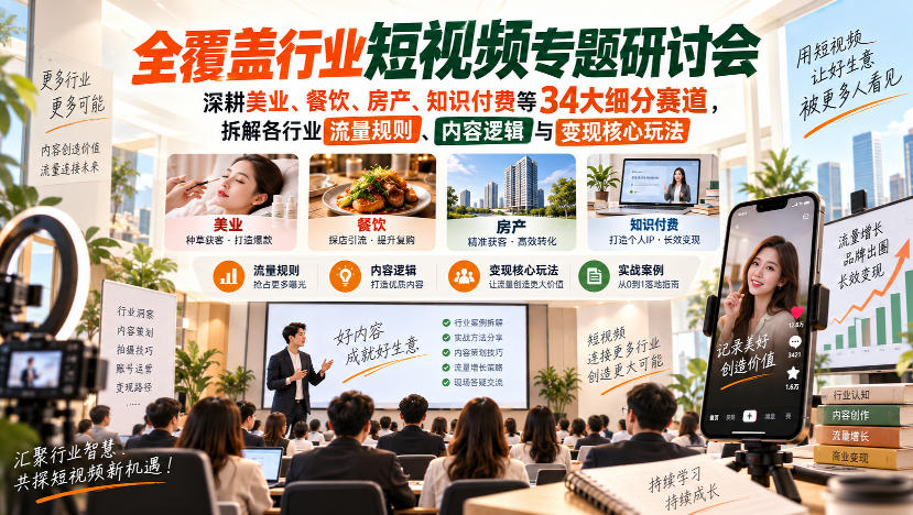 短视频专题研讨会，深耕美业、餐饮、房产、知识付费等34大细分赛道，拆解各行业流量规则、内容逻辑与变现核心玩法（更新1011）-副业资源站