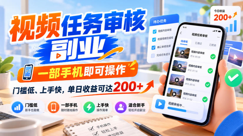 视频任务审核副业，一部手机即可操作，门槛低、上手快，单日收益可达200+【揭秘】-副业资源站