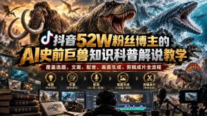 抖音52W粉丝博主的AI史前巨兽知识科普解说教学，覆盖选题、文案、配音、画面生成、剪辑成片全流程-副业资源站