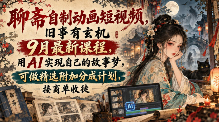 聊斋自制动画短视频，旧事有玄机9月最新课程，用AI实现自己的故事梦，可做精选附加分成计划，接商单收徒-副业资源站
