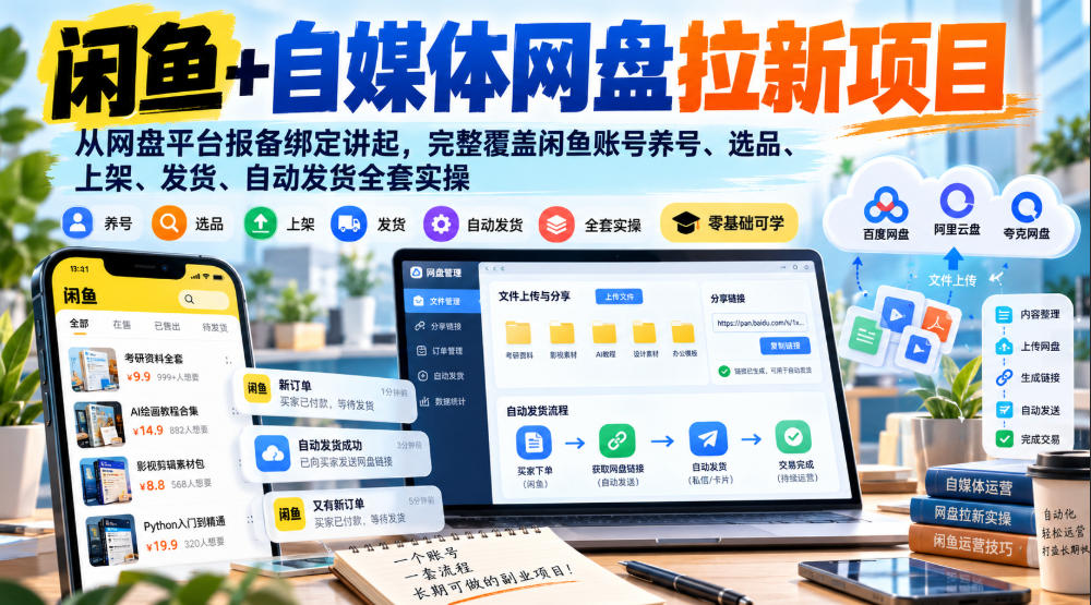 闲鱼+自媒体网盘拉新项目，从网盘平台报备绑定讲起，完整覆盖闲鱼账号养号、选品、上架、发货、自动发货全套实操-副业资源站