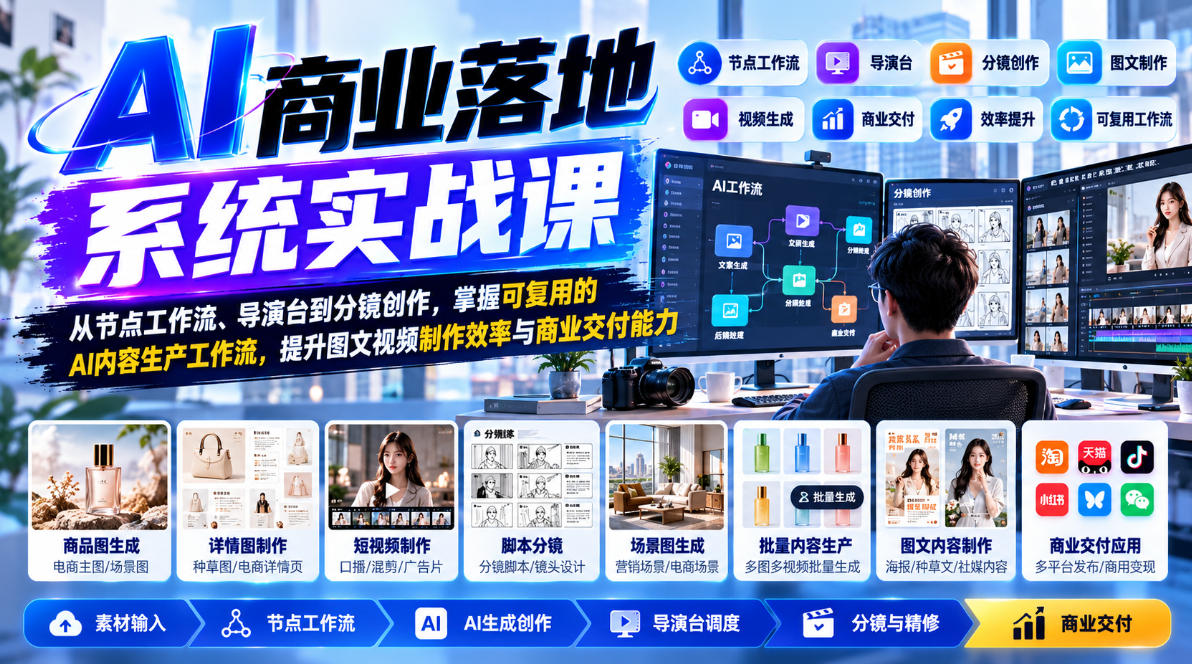 【无水印】AI商业落地系统实战课，从节点工作流、导演台到分镜创作，掌握可复用的AI内容生产工作流，提升图文视频制作效率与商业交付能力-副业资源站